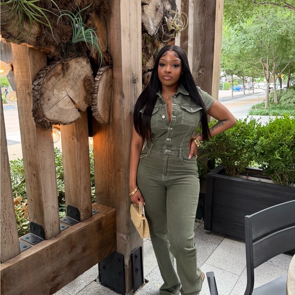Fashion Nova Pants - Fashion Nova Olive Green Short-Sleeve Utility Jumpsuit